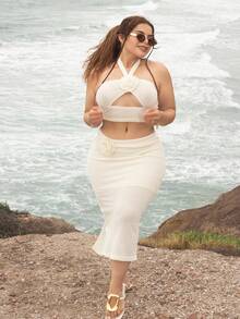 Lupita Cardoza Top halter flor estéreo & Falda de muslo con abertura - Beis - Ver 6