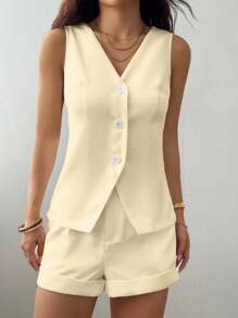 TRNVIE Bộ áo khoác không tay cài nút phía trước tối giản giản dị và quần short gấu váy gấp gấu giữa eo - Màu vàng - Xem 4