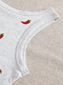 INAWLY 女式辣椒刺绣圆领背心 - 灰色 - 查看 5