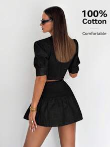 Siren Gaze 女士 100% 纯棉亚麻圆领短款泡泡袖单排扣上衣和迷你裙 2 件套 - 黑色 - 查看 2