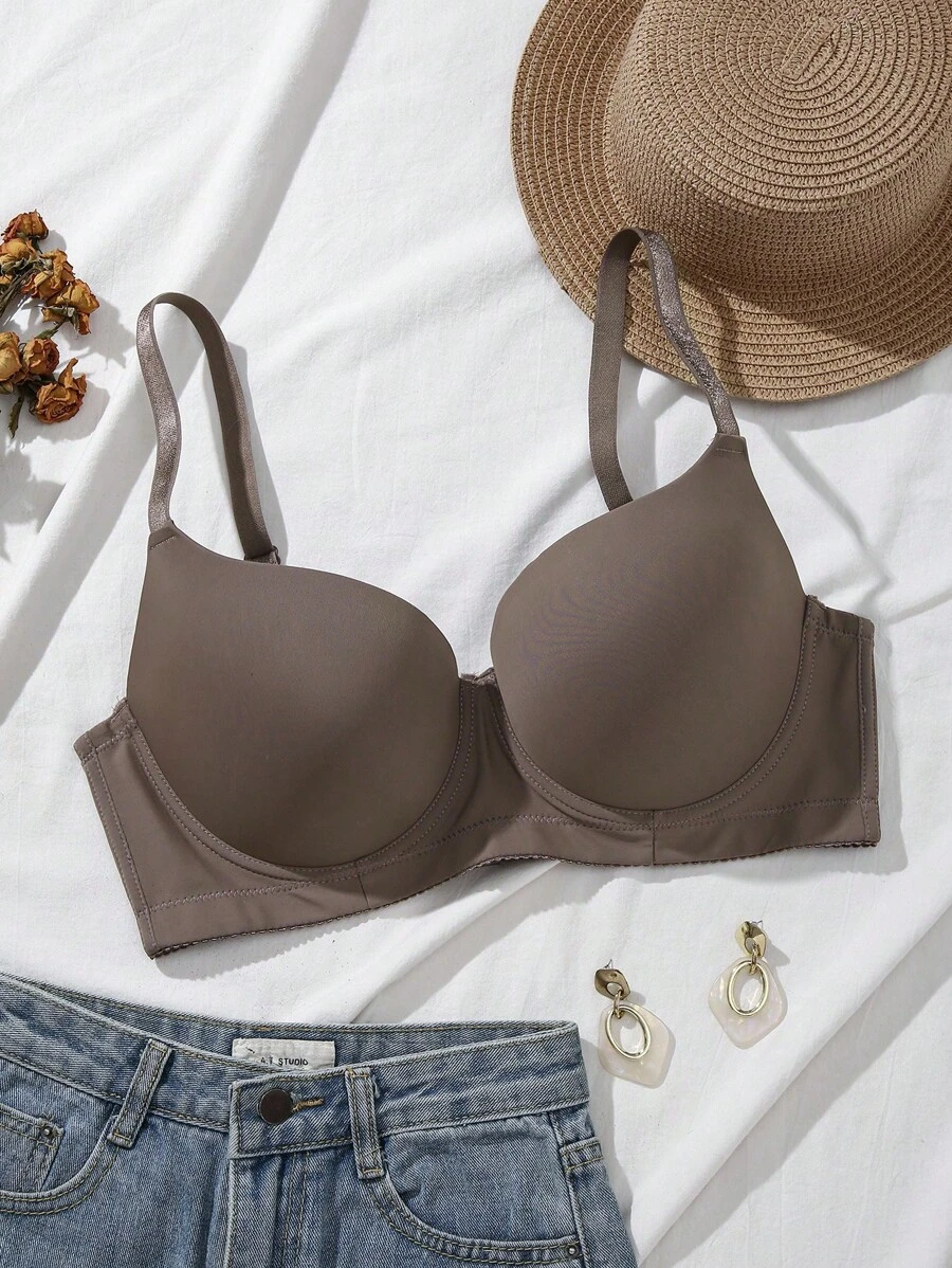 SHEIN 大码女式纯色舒适休闲钢圈文胸，提升型