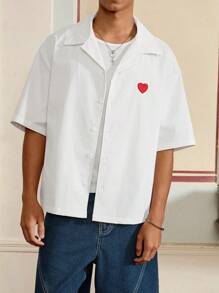 Manfinity VCAY Men's Summer Heart Embroidery Single-Breasted Casual Shirt