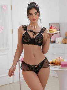 PetitDoll 女士2件套蕾丝内衣套装（含钢圈、三角内裤） - 黑色 - 查看 5