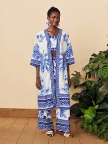 Travachic Woven Printed Cropped Tank Top & Loose Long Shacket & High Waist Wide Leg Pants - Blue and White - View 7