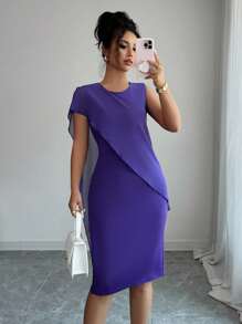 Elenzga فستان متوسط الطول أنيق يتميز بلون واحد، رقبة مستديرة، قطع شبكية، مصمم بطريقة ملائمة للمرأة