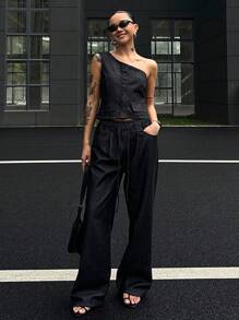 DAZY Dark Blue Washed Asymmetrical Neck Sleeveless Denim Top And Wide Leg Denim Pants Set - Dark Wash - View 1