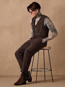 HIMLAND Men Chain Detail Button Front Cord Vest Blazer & Suit Trousers - Chocolate Brown - View 4