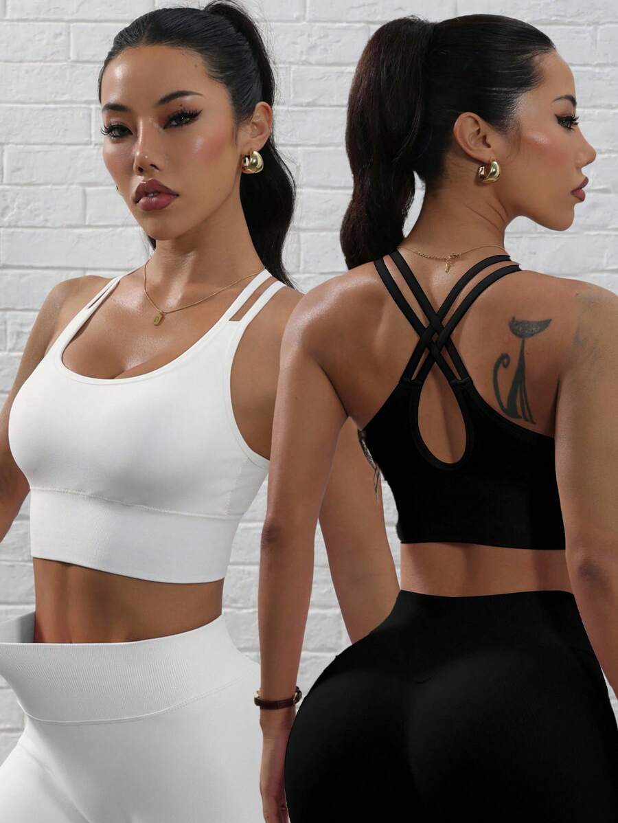 Gameset SHEIN Sport 2 件女士纯色交叉后背日常健身运动文胸健身房上衣女士交叉后背运动文胸交叉运动文胸健身文胸 - 彩色 - 查看 1
