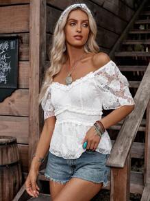 LanaWest Women's Fashionable Lace Sweetheart Neck Ruffle Trim Blouse - White - View 8