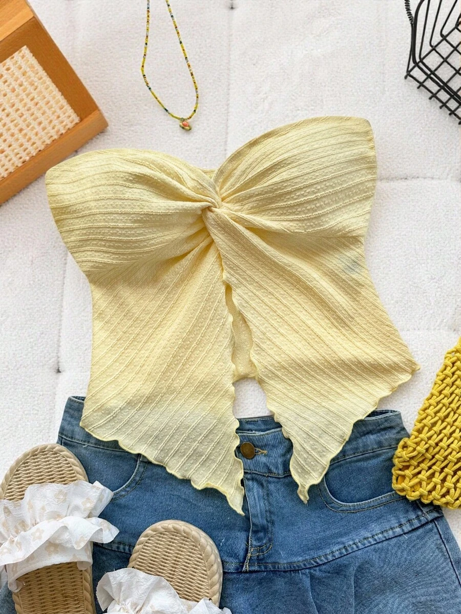 SHEIN 青少年女孩休闲简约舒适开衩下摆不对称下摆吊带背心 - 黃色 - 查看 1