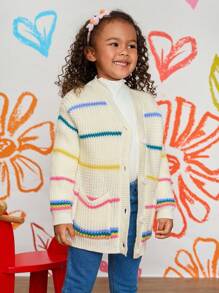 CutesyCutie 彩色条纹宽松休闲女童开衫毛衣，彩虹针织开衫，女童开衫毛衣，纽扣彩虹开衫，秋季毛衣，女童毛衣开衫，女童冬季开衫 - 米色 - 查看 3