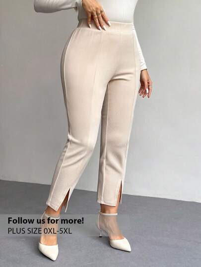 Firerie Pantalones de oficina diarios de ajuste slim con dobladillo dividido de unicolor para mujer de talla grande