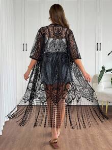 SHEIN LUNE Áo khoác ren mỏng tua rua cho kỳ nghỉ cỡ lớn - màu đen - Xem 2