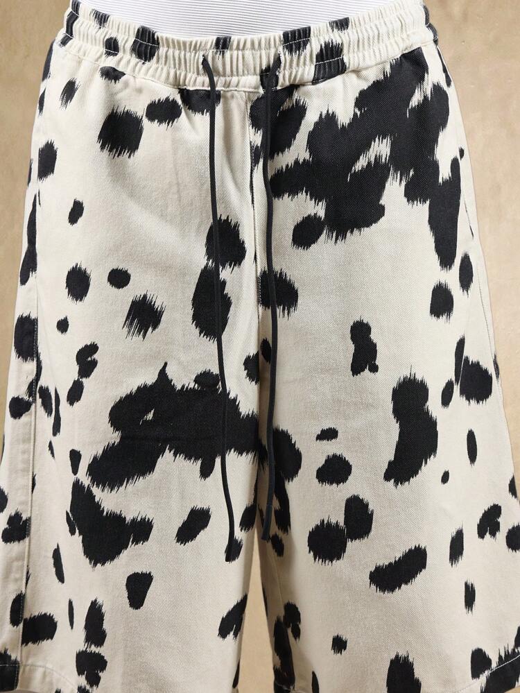 Dalmatian Print Loose Fit Cotton Wide Leg Drawstring Waist Denim Shorts