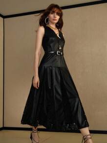MOTF PREMIUM ELEGANTE VESTIDO MAXI PARA UNA CITA NOCTURNA, CON PARCHES, CALADO Y ENCAJE EN LA CINTURA - Negro - Ver 4