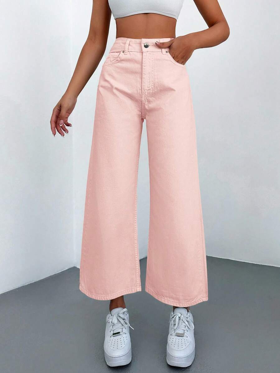 Cottnline High Waist Cropped Wide Leg Jeans - Pink - View 1