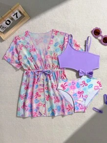 Young Girl's Vacation Bowknot & Leopard Print Tie Front Romper Swimsuit With Kimono Cover-Up - Multicolor - View 2