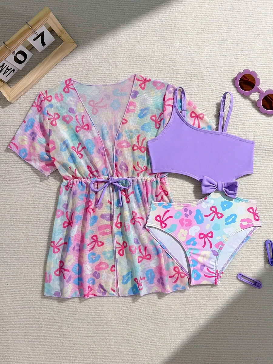 Young Girl's Vacation Bowknot & Leopard Print Tie Front One-Piece Swimsuit With Kimono Cover-Up - Multicolor - View 1