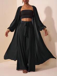 Zivah 2 件套女士纯色长袖前开长外套和阔腿裤休闲套装 - 黑色 - 查看 7