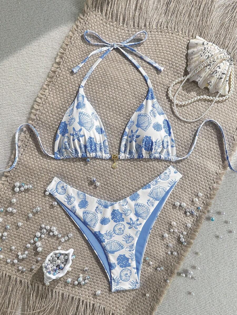 Swim Mod 2pcs/Set Summer Holiday Random Metallic Golden Shell Decor Halter Neck Triangle Bikini Top And High Cut Bikini Bottom, Sexy Bikini Set - Blue - View 1