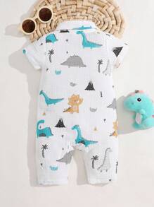 SHEIN White Newborn Baby Boy Cute Cartoon Dinosaur All-Over Print Jumpsuit,100% Cotton Summer Casual Vacation Comfortable Birthday Party Romper With Pocket - Multicolor - View 2