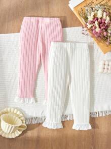Blossori 2pcs Toddler Baby Girls' Elegant Lace Hem Pants Set,Cute Pink And White Striped Ribbed Polyester Long Pants,Summer Holiday Everyday Basics - Multicolor - View 2