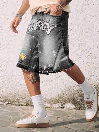 Street Life Pantaloncini di jeans da uomo con patchwork di diamanti scintillanti e colore a contrasto