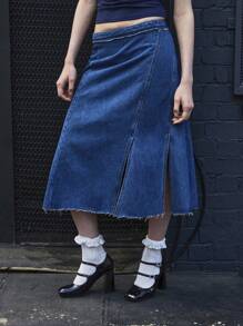 COUREZ Jupe en jean midi asymétrique avec fentes / Bas d'été mignons Y2K Streetwear Jupe d'été Vintage 100% coton - Jean brut - Voir 2