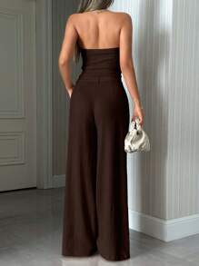 EURMUSE OFF SHOULDER 3D ROSE TOP & MID WAIST PLEATED STRAIGHT LONG LEG PANT - Brown - View 2