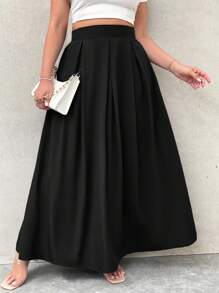 Firerie Plus Size Women's High Waist Grey Maxi Pleated A-Line Skirt With Pockets And Elastic Waistband, Back To School