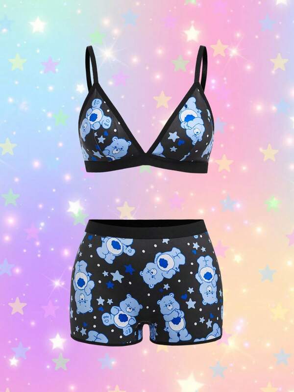 SHEIN X Care Bears Plus Size Sexy & Comfortable Cartoon Bear Print Bra And Boxy Briefs Lingerie Set
