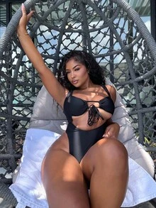 Alexandranx Summer Beach Cut Out Crisscross Tie Backless Halter One Piece Swimsuit With Beach Skirt - Black - View 5