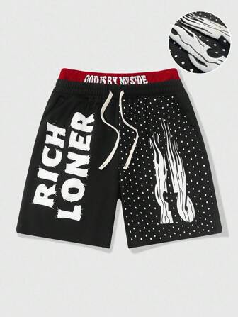 Street Life Pantalones cortos de verano casuales para hombres con cordón en la cintura y estampado de llamas y letras