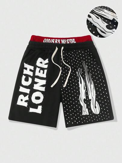 Street Life Pantalones cortos de verano casuales para hombres con cordón en la cintura y estampado de llamas y letras