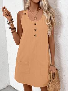 EMERY ROSE 女式夏季纽扣前口袋圆领无袖休闲连衣裙 - 橘色 - 查看 6
