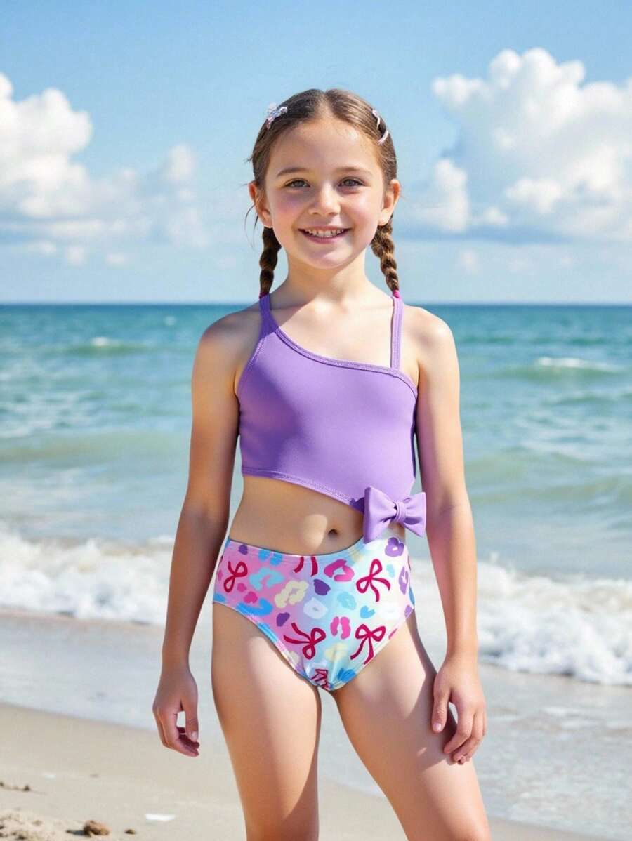 Young Girl's Vacation Bowknot & Leopard Print Tie Front Romper Swimsuit With Kimono Cover-Up - Multicolor - View 1