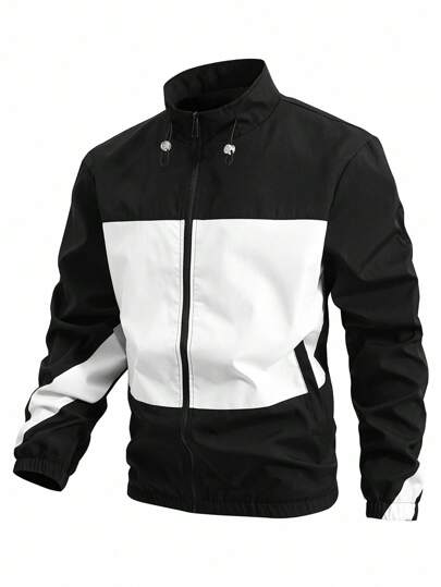 OTTIMOZO Men Plus Size Colorblock Stand Collar Raglan Sleeve Casual Outdoor Windbreaker Jacket, Black And White Jacket, Track Jacket, Jackets For Men Zip Up, Fall