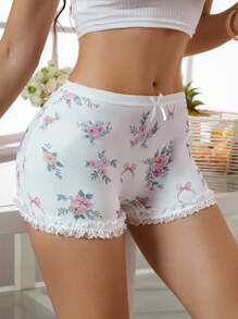SHEIN 1pc Women's Cute Flower & Bow Decor Panties Floral Panties Ruffle Panties Frilly Panties Floral Lingerie Set Booty Shorts Lingerie - Multicolor - View 2