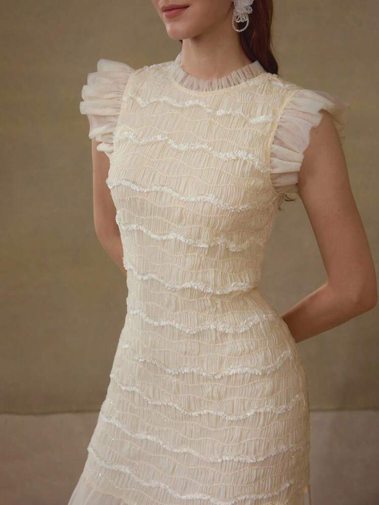 RUCHED FABRIC CONTRAST MESH ROMANTIC MIDI VACATION DRESS