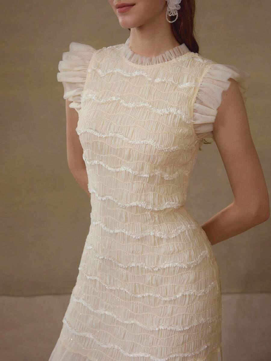 MOTF PREMIUM RUCHED FABRIC CONTRAST MESH ROMANTIC LONG DRESS, SUITABLE FOR VACATION - Apricot - View 2