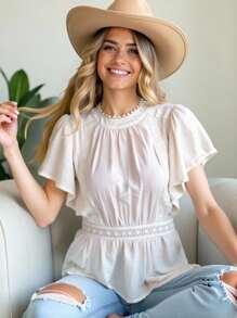 SHEIN LUNE Lace Patchwork Ruffled Hem Short Sleeve Shirt, Casual Vacation Style, Apricot White Blouse For Women - Apricot - View 2