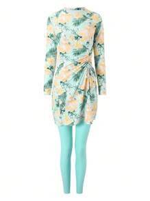 SHEIN Traje de baño musulmán de mujer conservador de manga larga y cubierta completa con estampado de hojas y flores, con pantalones