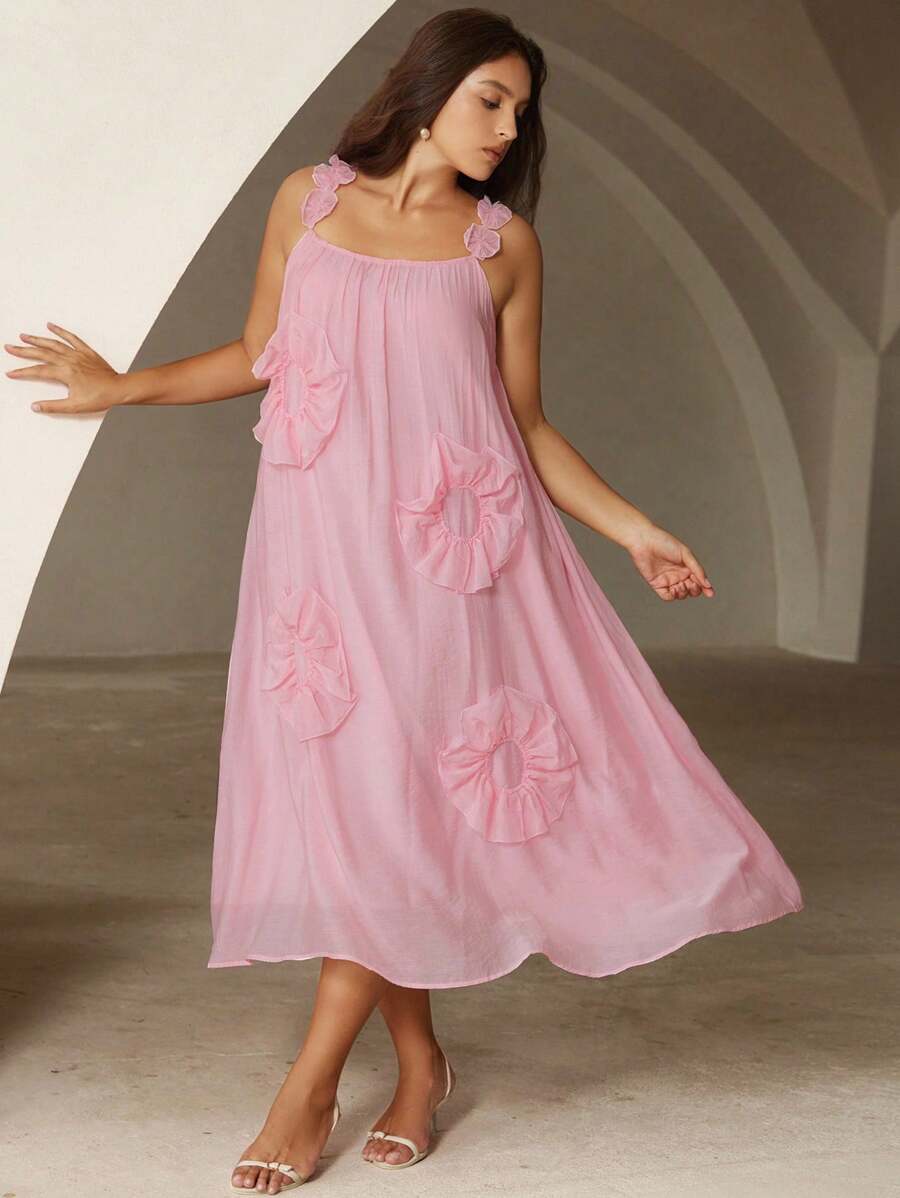 EMERY ROSE 春夏新款轻盈浪漫雪纺飘逸连衣裙，3D花瓣装饰蓬松裙摆，宽松大码，优雅 - 粉色 - 查看 1