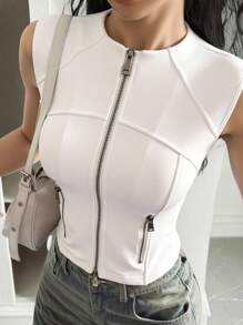 DAZY 女式半高领修身短款上衣金属拉链撞色无袖夏季复古 T 恤 - 白色 - 查看 1