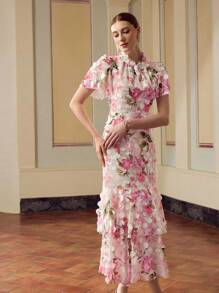 ZEYLAH 女式优雅花卉印花立领飘袖层叠下摆连衣裙，夏季度假风格 - 粉色 - 查看 4