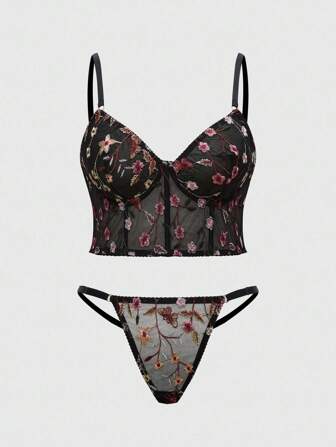 Große Größen Spitzen Stickerei Gewebe drahtlose G-String Wäsche Set