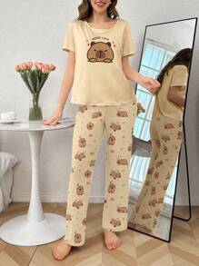柔软针织面料女士睡衣套装，带有有趣的小熊图案和休闲风格水豚睡衣套装女士可爱睡衣套装可爱睡衣女士女士睡衣套装水豚睡衣 - 彩色 - 查看 6