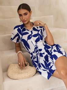Swim Chiccia Mono estampado con flores azules y blancas de estilo casual vacacional como cubierta para traje de baño de mujer - Azul y blanco - Ver 3
