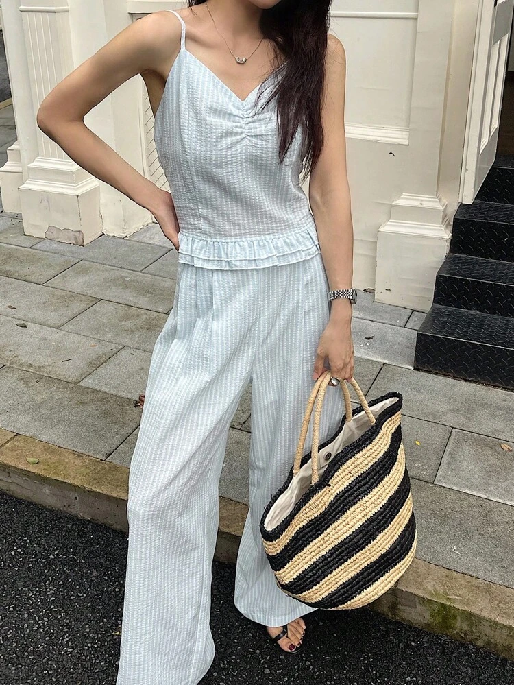 2 Pieces Set Women Summer Casual Spaghetti Strap Sleeveless Top And Pants