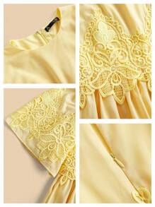 Anewsta New French Elegant Round Neck Patchwork Lace Ruffle 3/4 Sleeve Chiffon Slim Fit Midi Dress, Spring/Summer